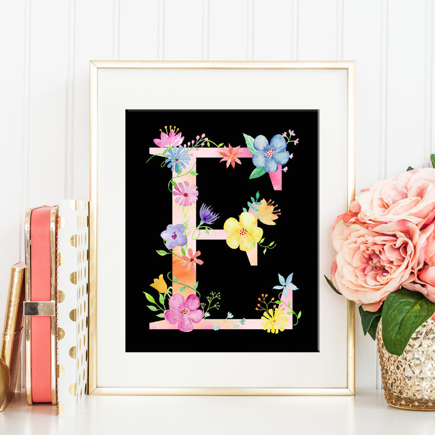 Initial E, floral letter E, Name initial E, Girl room decor, printable 
