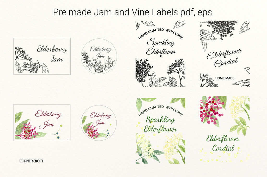 elderflower jam label, vine label, watercolor elder flower, elderflower illustration 