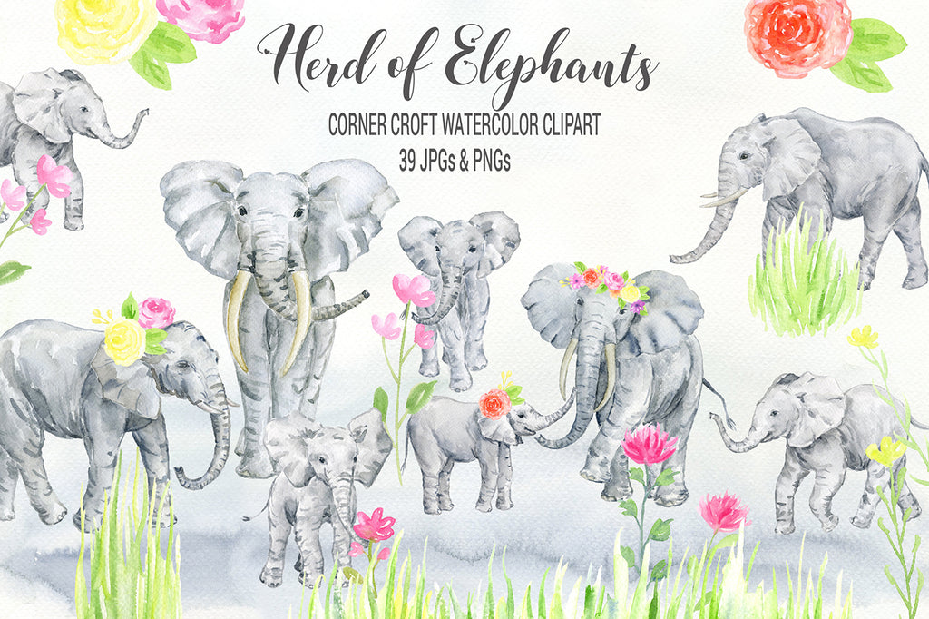 elephant illustration, watercolor herd of elephants, adult and calf, wildlife, instant download 