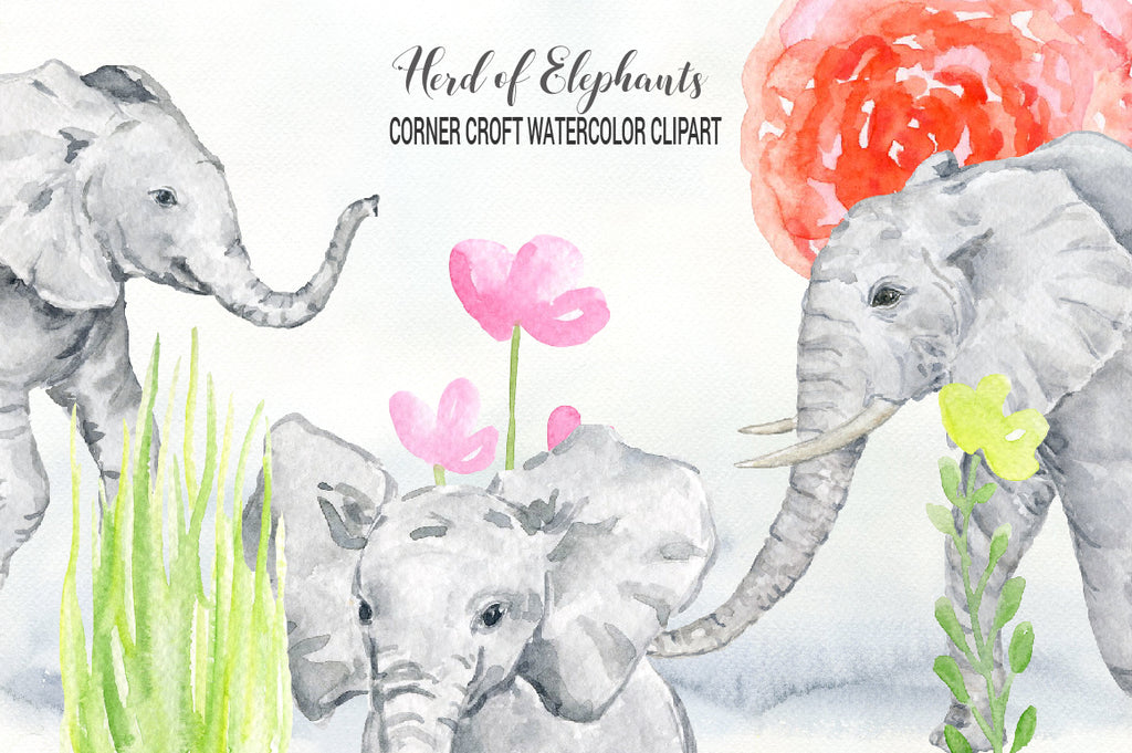 watercolor elephant, elephant portrait, cute baby