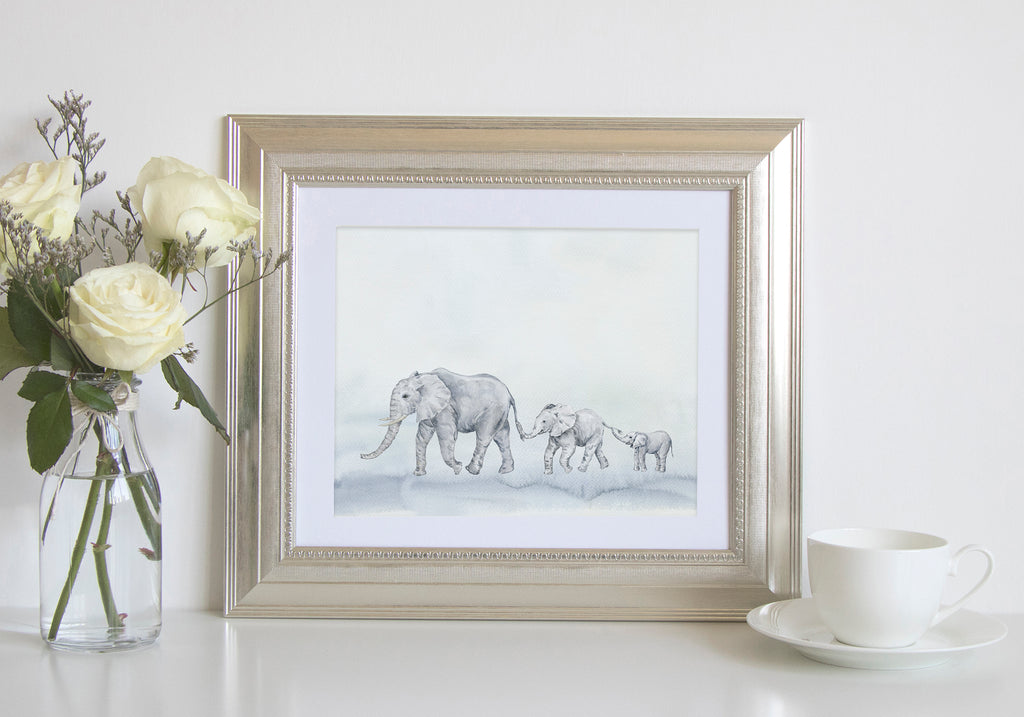 watercolor elephant print, chain of elephants, grey elephant digital download 