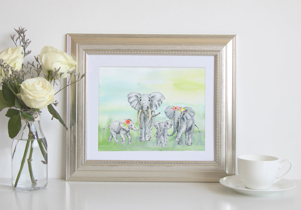 watercolor elephant family print, digital download 