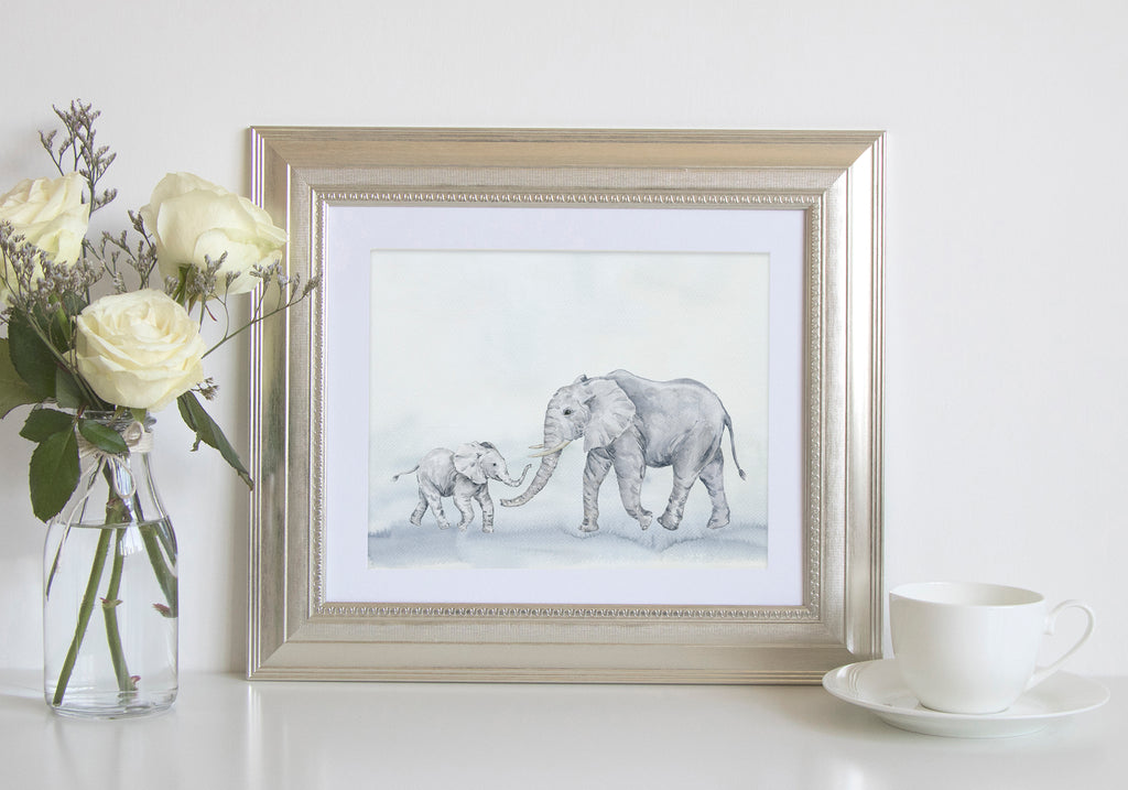 Watercolor elephant print, mother and kid, father and son, Mother's Day gift, Father's Day gift