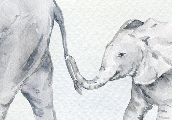 watercolor illustration of three elephants walking in a line, chain of elephants 