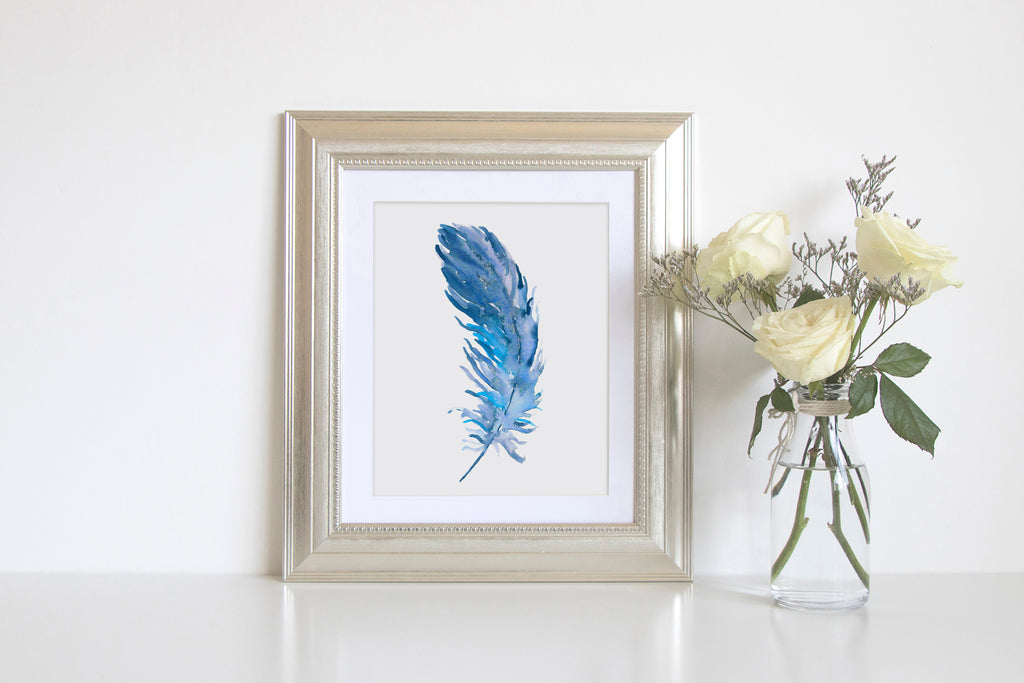 Waterolor blue feather print 8"x10", instant download, boho feather, falling feather