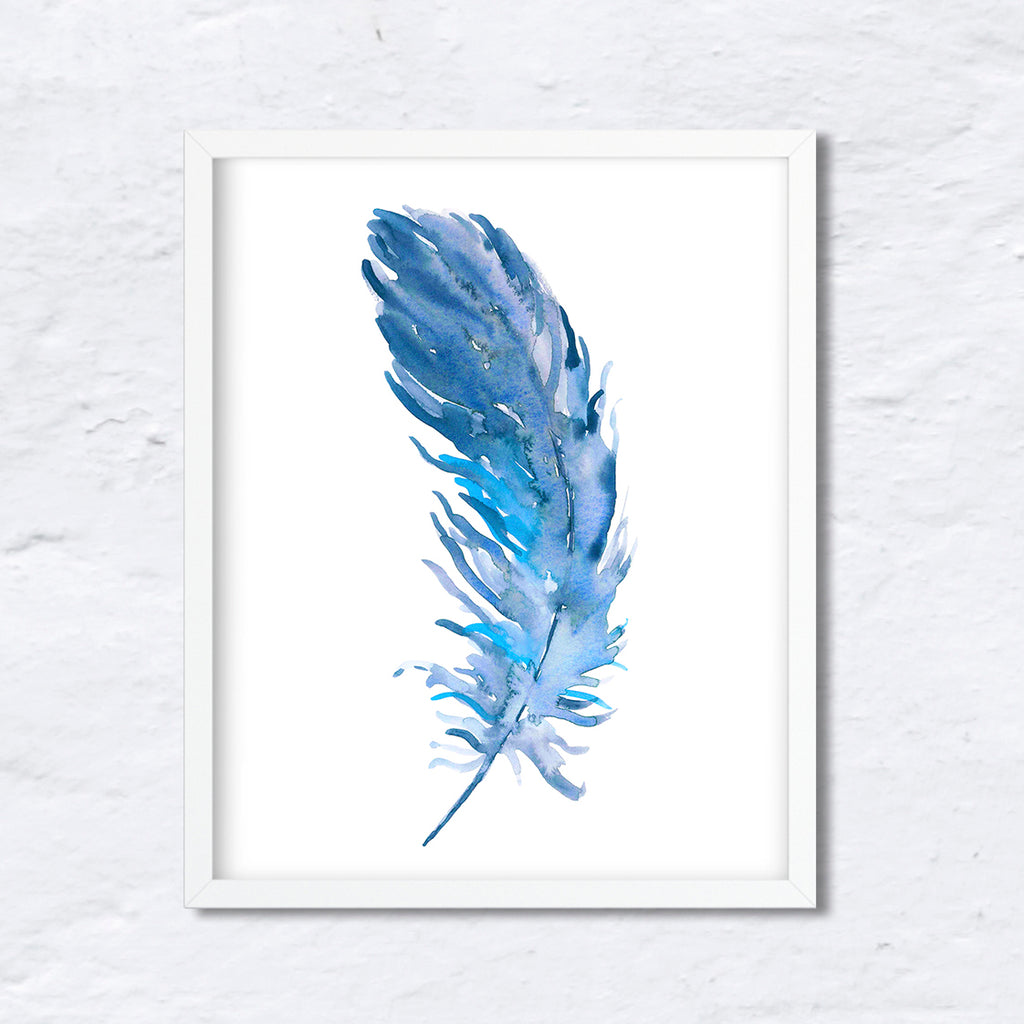 Waterolor blue feather print 8"x10", instant download, boho feather, falling feather
