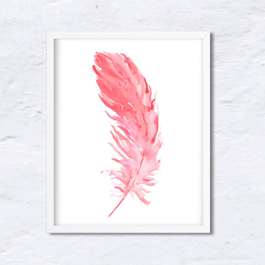 watercolor pink feather, salmon pink, watercolour feather, blue feather, instant download, 8"x10"