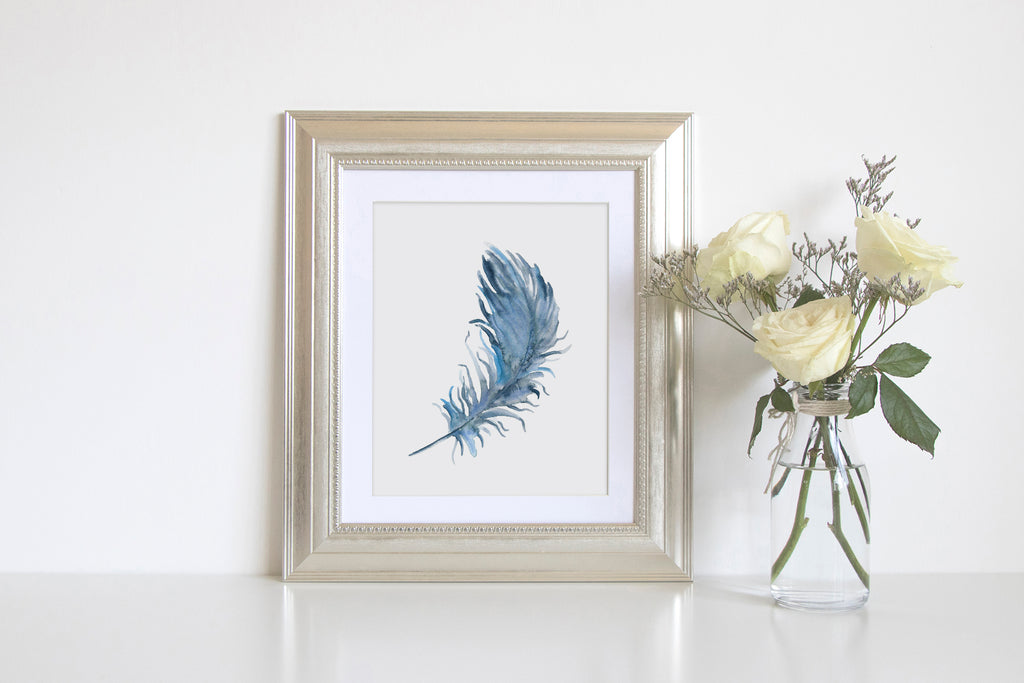 watercolor blue feather, abstract blue feather, feather print, watercolour feather, feather illustration