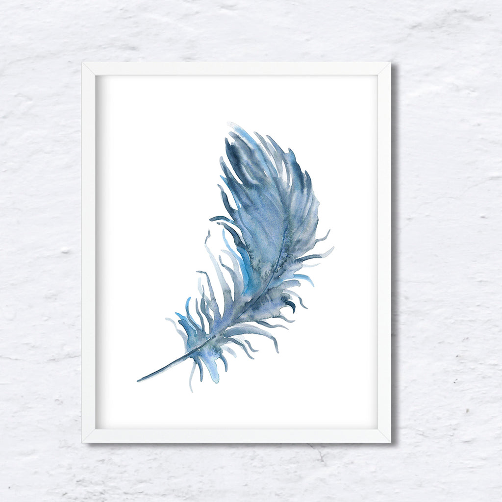 Watercolor blue feather print, boho feather, instant download, 