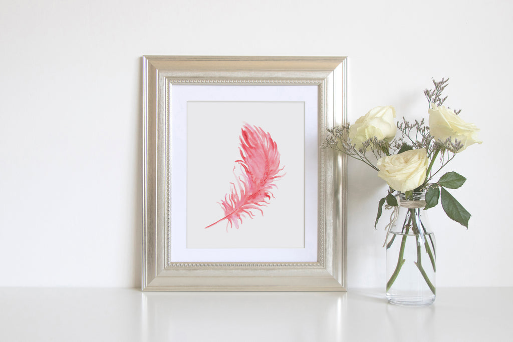 boho feather, salmon pink feather, watercolour pink feather, instant download 
