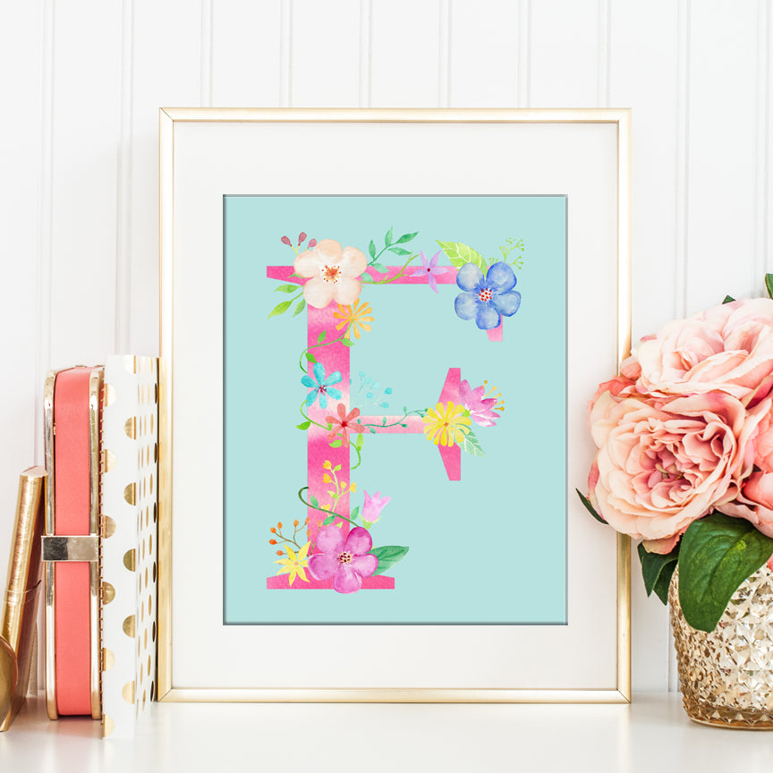 Watercolor Pink Floral Letter F, AlphabetF, Initial F Art Print Digital Download