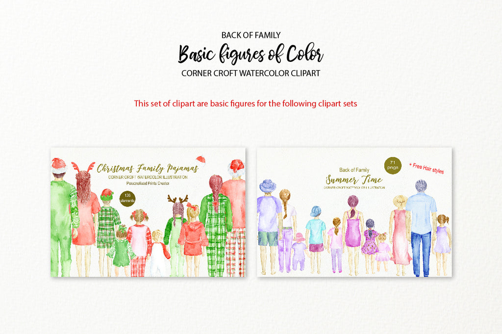 watercolor clipart, family figures of color, back view of family