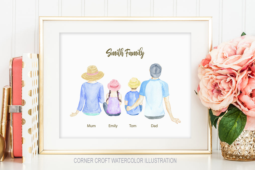 Family sitting back illustration for making personalised print