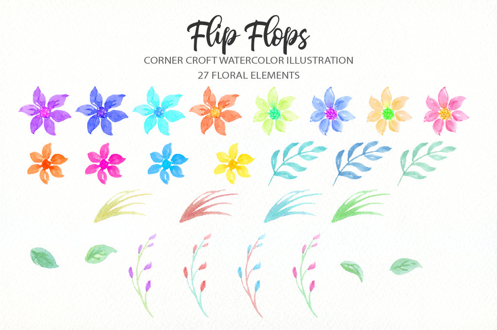 watercolor pastel flowers, daisy flower, flip flops clipart 