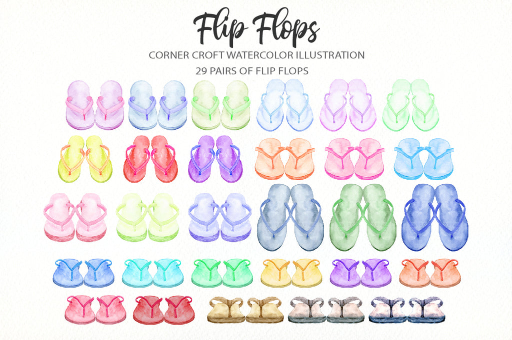 watercolor flip flops illustration in pastel colours pink, blue, purple, yellow and green. 