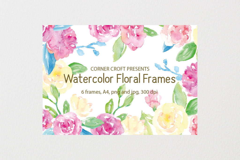 watercolor pink and yellow floral frame, instant download