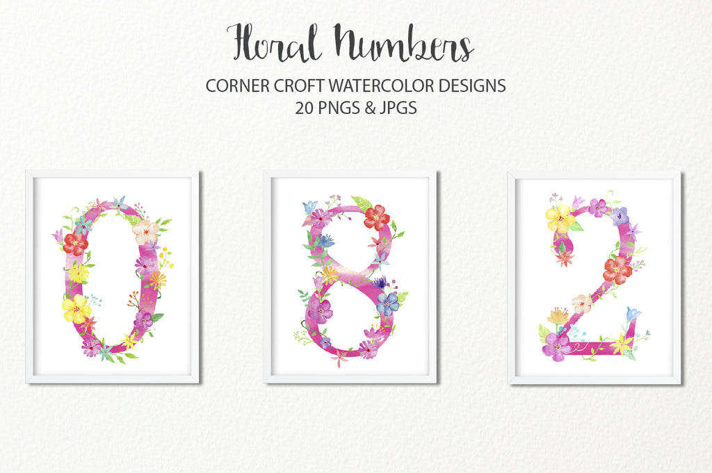 watercolor floral letters, 0 to 9, pastel color flowers, instant download 