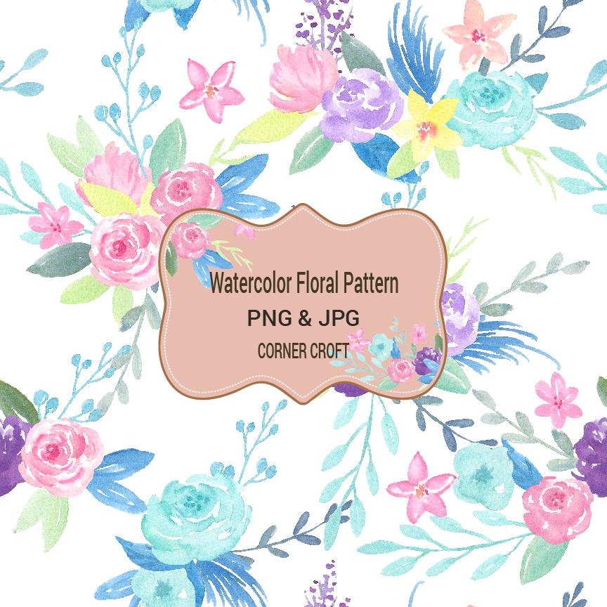 Watercolour pattern, repeat pattern, Watercolor floral pattern, corner croft watercolor clipart and illustration, seamless pattern, pink, blue, purple, jpeg , png