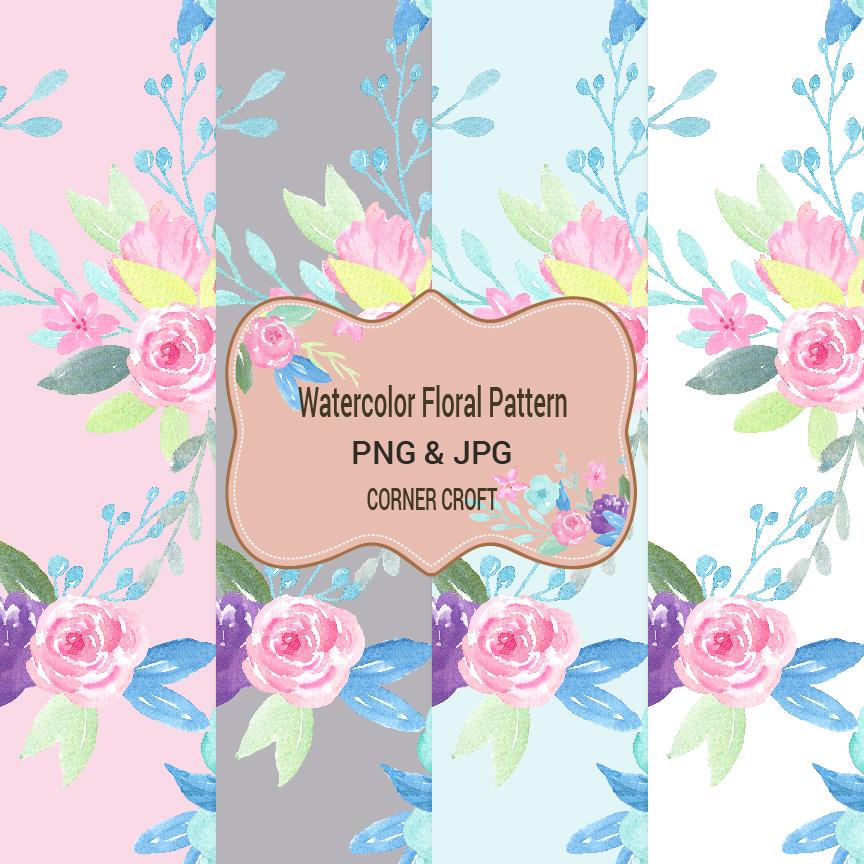 repeat pattern, Watercolor floral pattern, corner croft watercolor clipart and illustration, seamless pattern,pink, blue, purple, jpeg , png