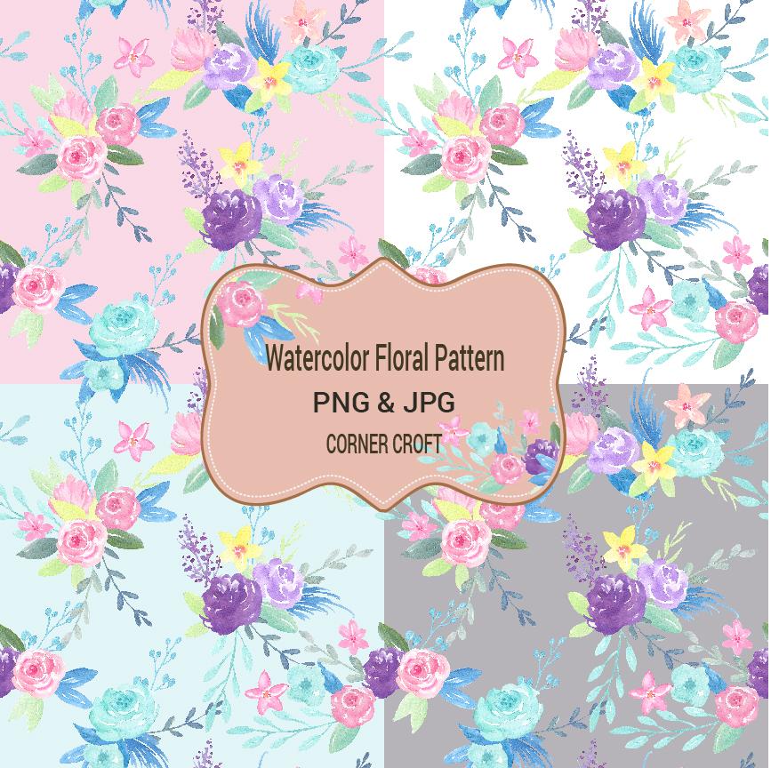 Watercolor floral pattern, corner croft watercolor clipart and illustration, seamless pattern,pink, blue, purple, jpeg , png