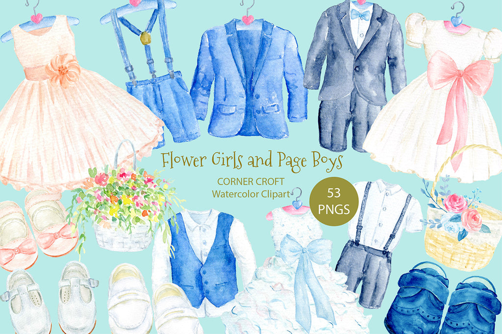 watercolor clipart children's wedding outfit, dress, suit, shoes, white wedding outfit illustration 