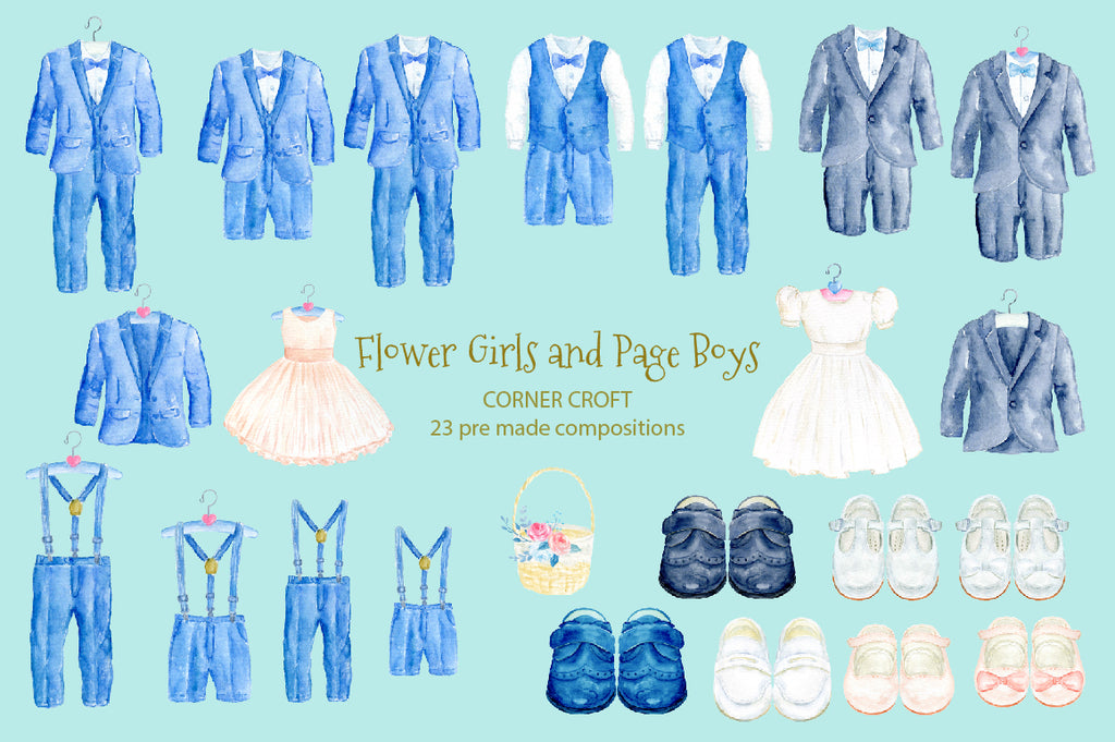 page boy suit, page boy shoes, flower girl dress, watercolor illustration instant download 