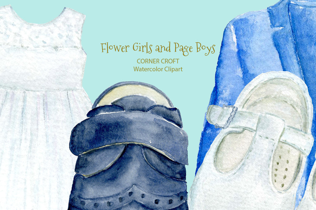 watercolor flower girl and page boy outfits, clothes on hanger, nursery print