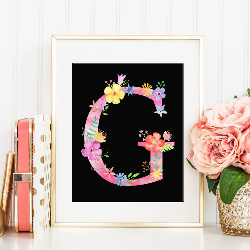 watercolor floral letter g, art print g, pink floral letter g, alphabet g