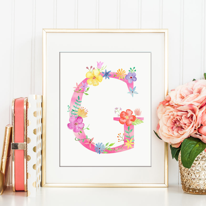 watercolor g, pink floral letter g, initial g, initial printable 