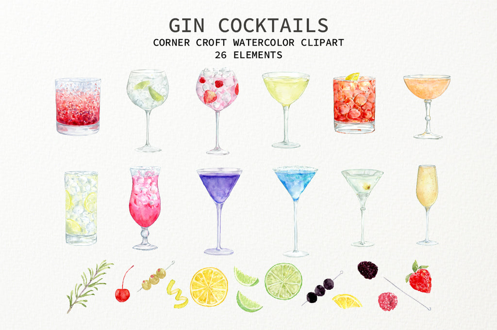 watercolor gin cocktails of Martini, Gin and Tonic, Singapore Sling, Pink Gin, Blue Gin, Tom Collins,Bramble, Negroni, Monkey Gland, Gimlet, French 75 and Aviation