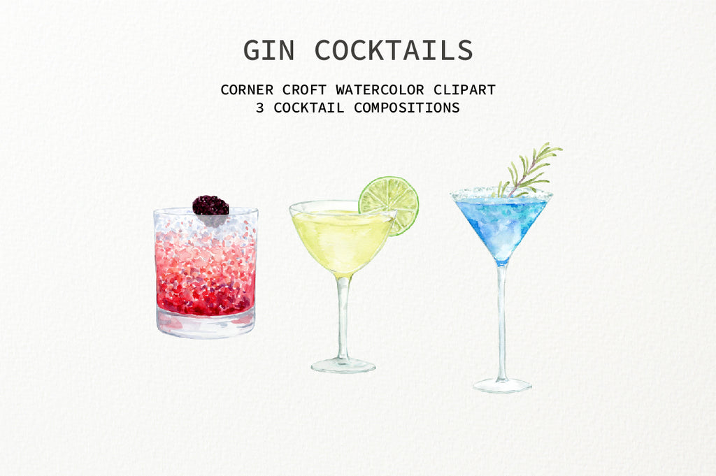 watercolor clipart of gin drink, gin cocktails illustration 
