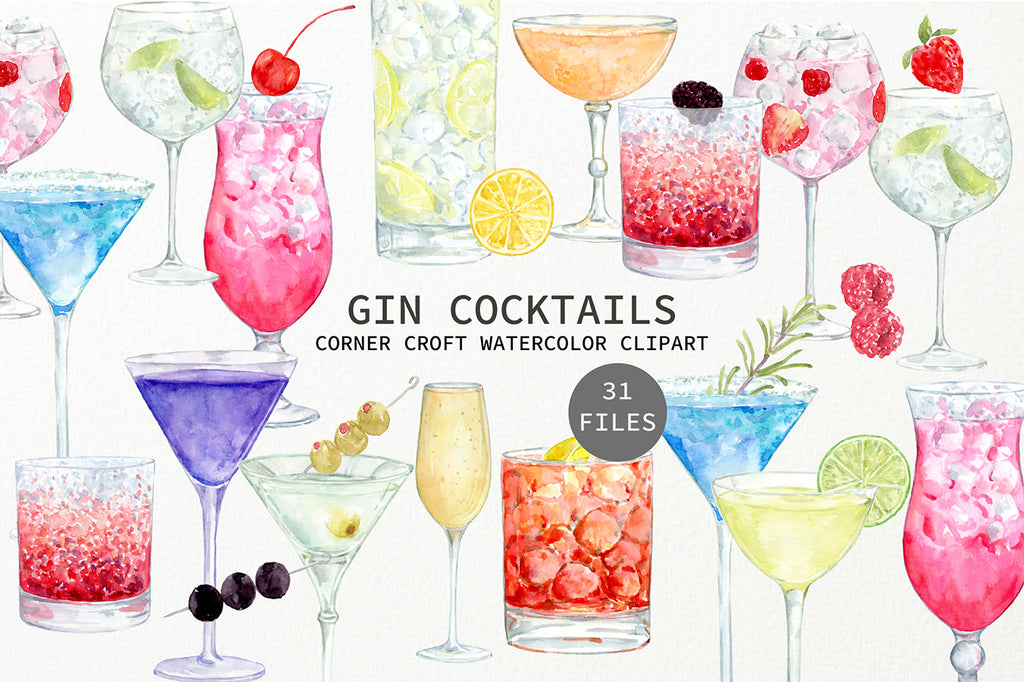 Watercolor gin cocktail illustration for digital download,