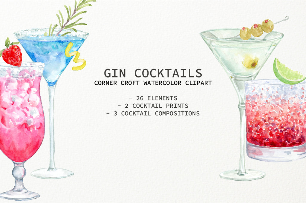watercolor clipart of gin cocktails, perfect for making personalised prints
