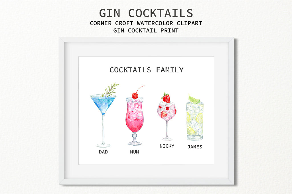 watercolor gin cocktail collection for making personalised prints