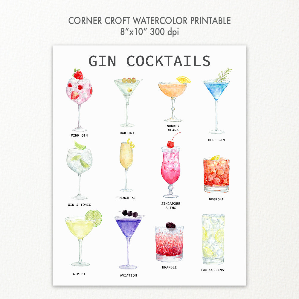 watercolor gin cocktail print 8x10 instant download
