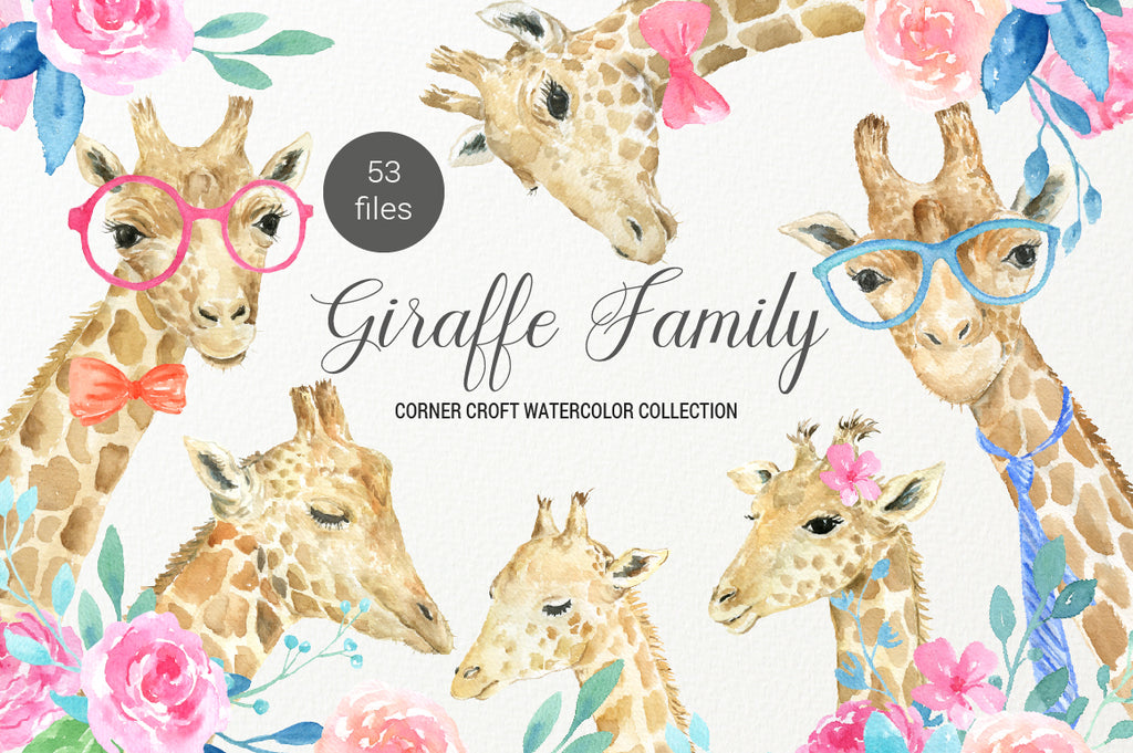 watercolor giraffe portrait, female giraffe, male giraffe and baby giraffe, nature, animal illustration 