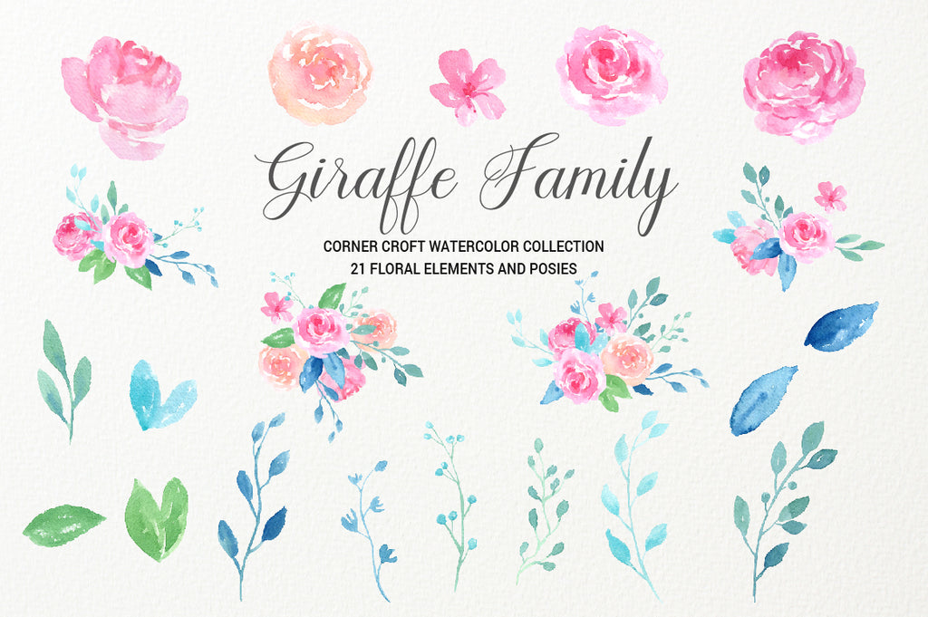 realistic giraffe illustration, pink rose flower clipart instant download 