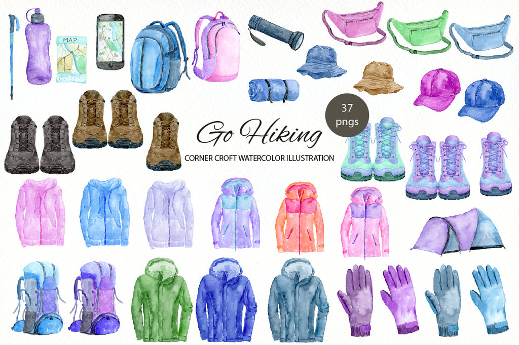 watercolour hiking jacket, rucksack, gloves, bumbag, hiking boots, hiking clipart