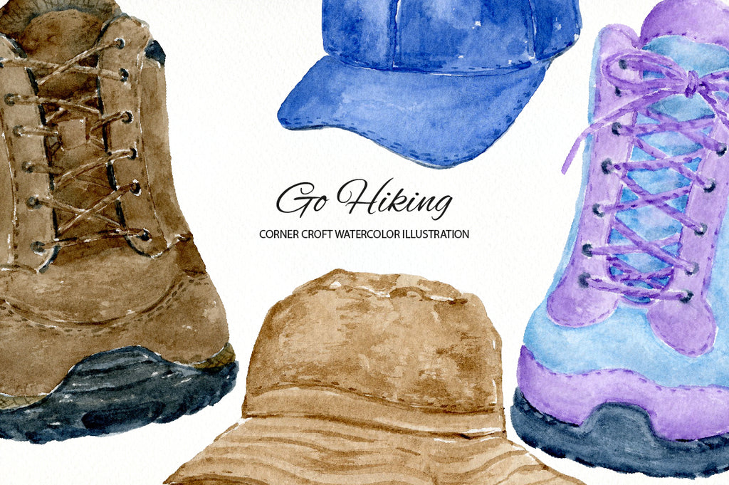 watercolor go hiking illustration for instant download, hiking boots, women's coat, men's coat