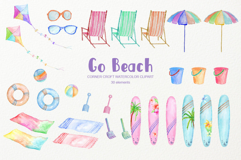 Watercolor clipart go beach, surfboards, kite, beach parasol, deck chair, bucket and spade, sun glasses, beach towels, floats and beach balls
