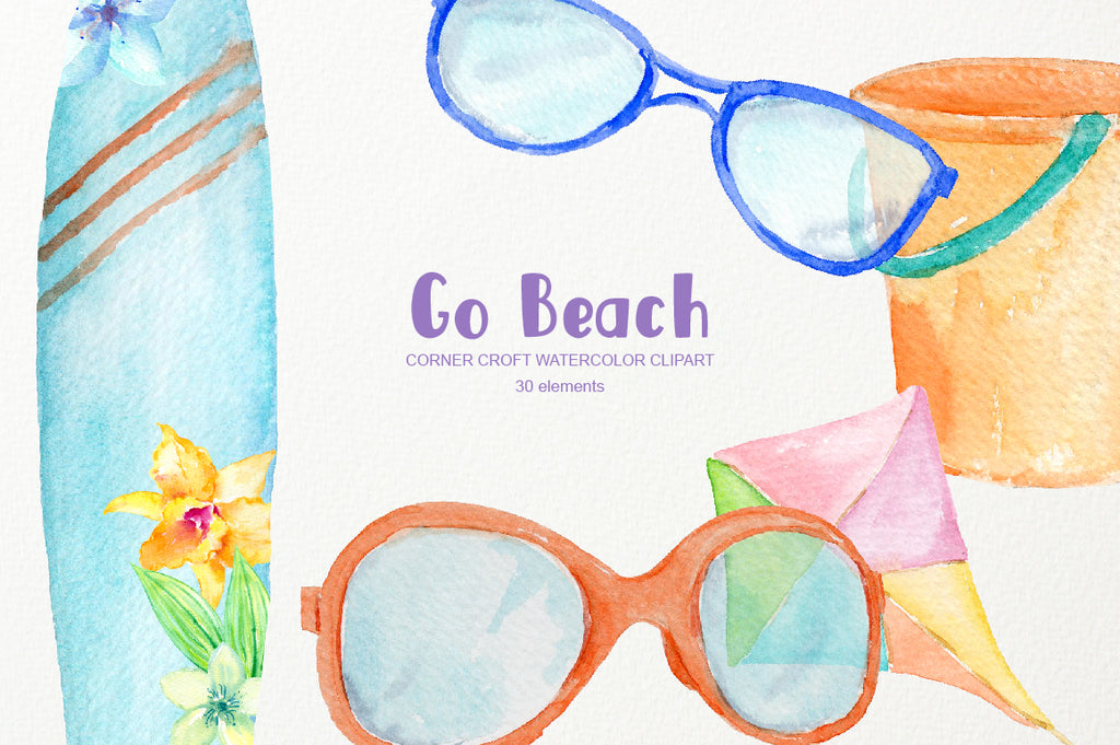 Watercolor beach clipart, surfboard, kite, children beach play instant download 