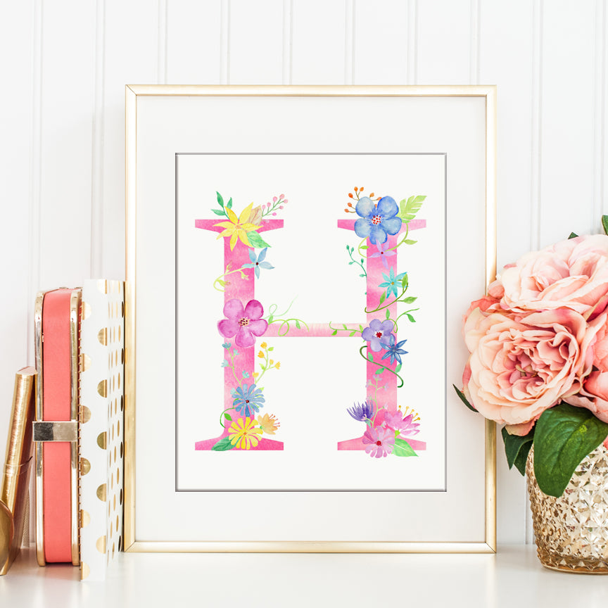 watercolor floral letter H, pink floral letter H, watercolor name initial H, girl room deco. 