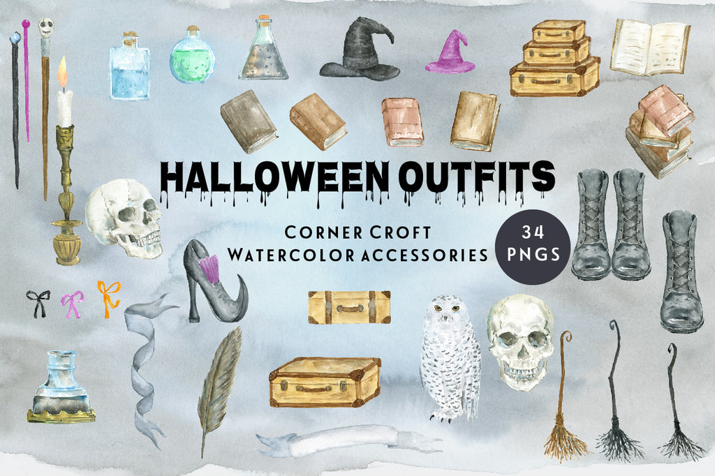 watercolor halloween elements, magic books, skull, broom, witch's shoes, suitcase, ink and pen, 