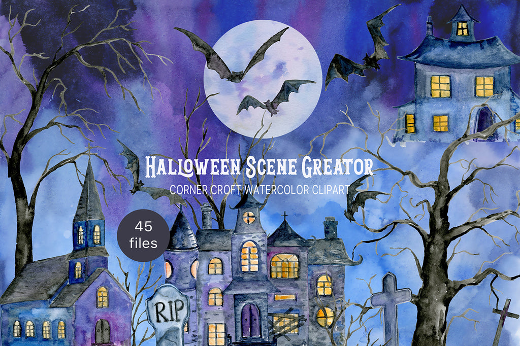 watercolor halloween scene creator, haunted house, church and castle for instant download, 