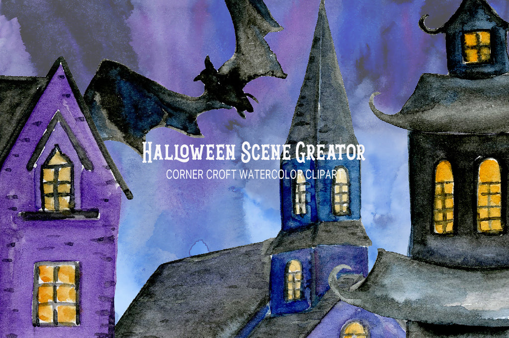 watercolor clipart Halloween scene creator, haunted church, haunted house, instant download