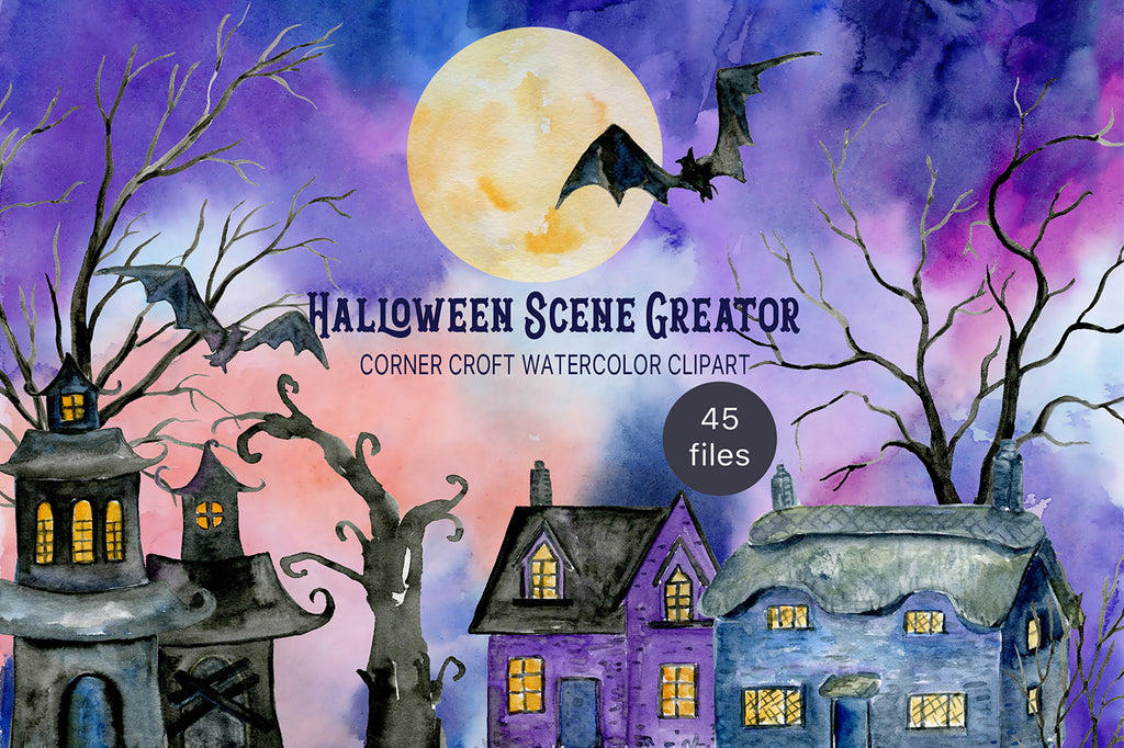 watercolor haunted house, night scene creator, instant download 