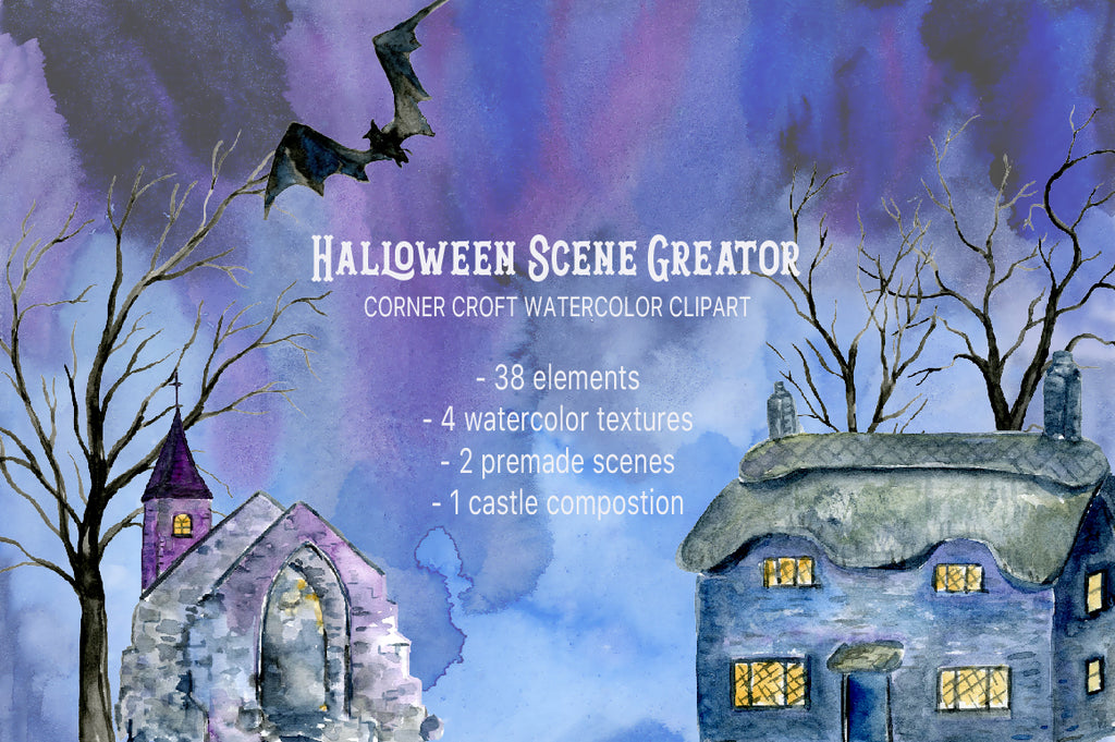 watercolor clipart, halloween illustration, haunted house for instant download 