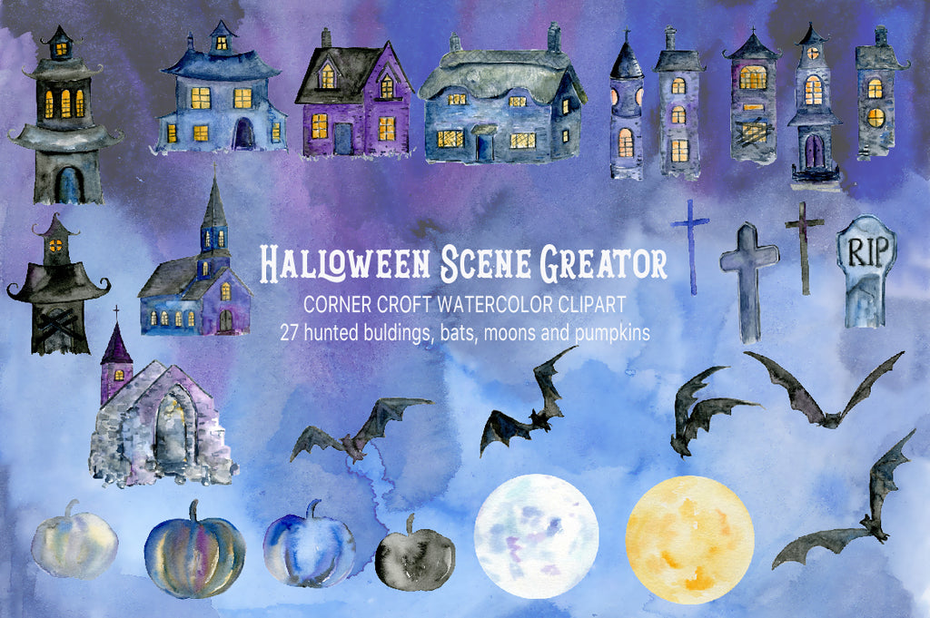 watercolor night house, night church, night castle, holiday clipart, blue and purple 