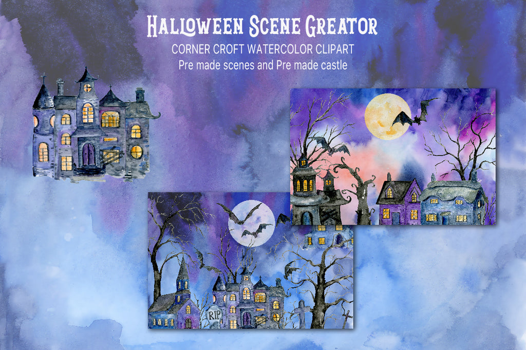 watercolor Halloween scene creator, night church, night house, night castle, halloween illustration 