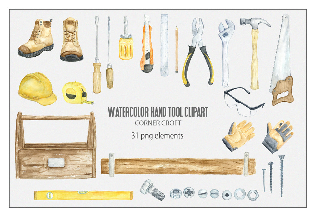 hand painted watercolor hand tools, spanner, plier, screwdriver, detailed illustration 